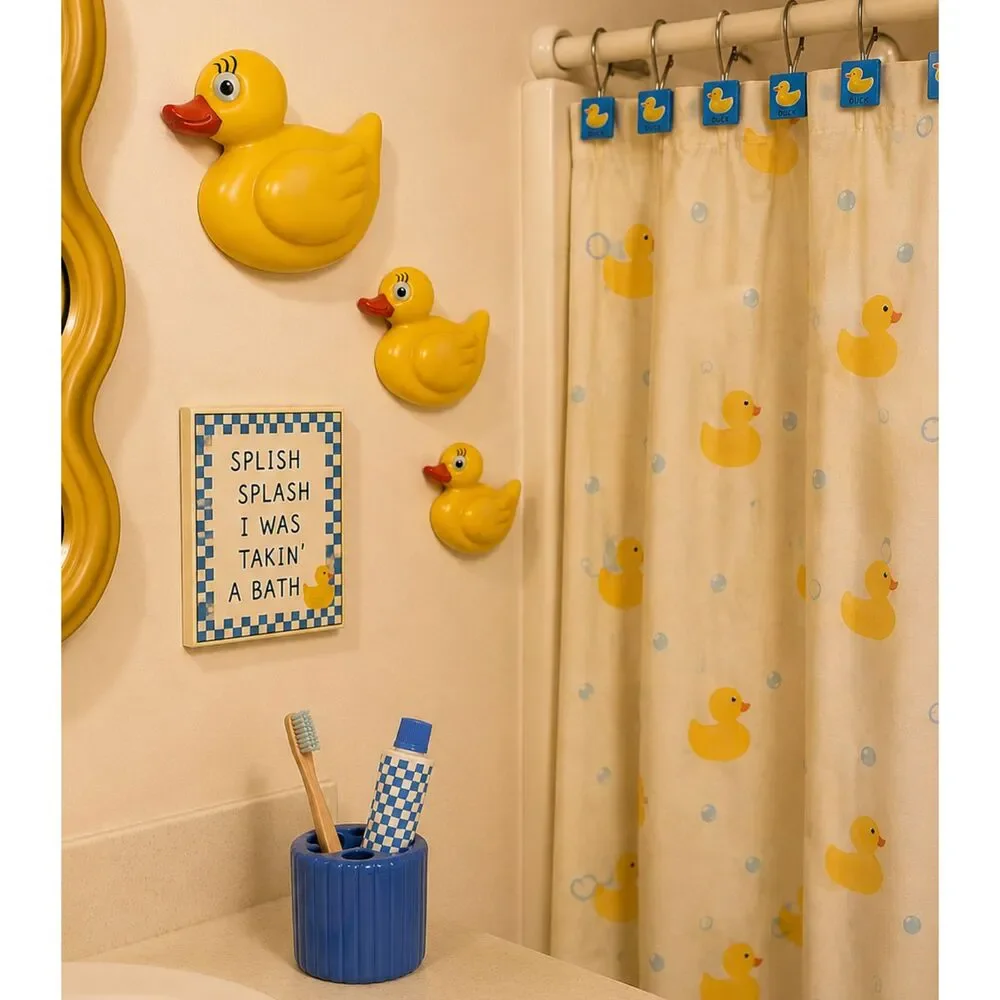 Vintage Yellow Duck Bathroom Decor Set Shower Curtain Hooks Wall Decor 14 Pc
